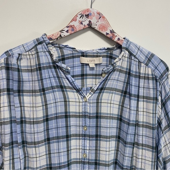 LOFT Blue & White Plaid Peasant Billowy Sleeve Button Down Blouse Top Size Small - Picture 4 of 10